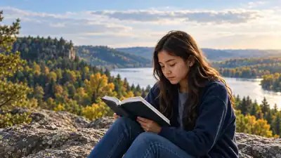 A Minnesota student reading on a rocky overlook above a forested river valley in autumn.